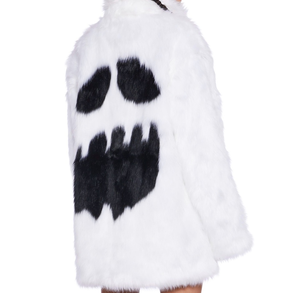 White Faux Fur Coat with Back Ghost Design